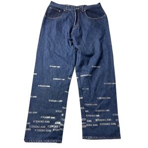 VTG‎ Iceberg Jeans Mens 36x32 Dark Wash Logo Print Wide Leg Denim Made in Italy